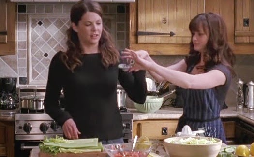 Lorelai and Rory 'cooking' in Logan's kitchen